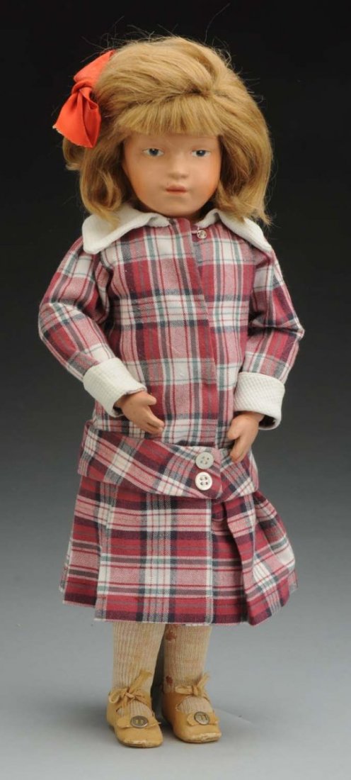 Pouty Schoenhut Character Doll.: All wood with spring joints, pouty face with original paint (2 scuffs near mouth), intaglio eyes, closed mouth with parted lips, replaced mohair wig; original union suit, stockings (some holes) and oi