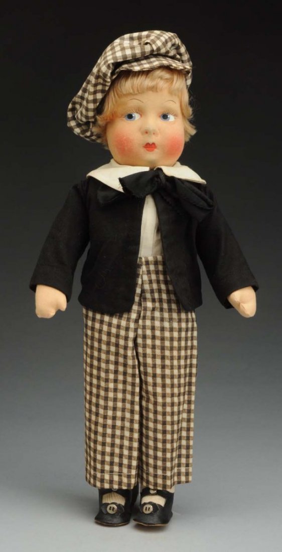Outstanding Alexander Cloth “Tiny Tim” Doll.: Mask face with painted side-glancing eyes, closed mouth, rosy cheeks (light cheek rub), original blonde mohair wig; cloth body with jointed shoulders and hips; original tagged outfit with suit, hat, s
