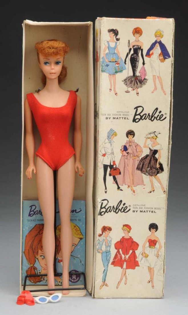 Red Head No.6 Ponytail Barbie.: With box. This red head No.6 Barbie has red lips and nails. There is no greening to the ears and no splits to the vinyl. Nearly all red paint is gone from her lips. Her swimsuit, shoes, sunglasses, a