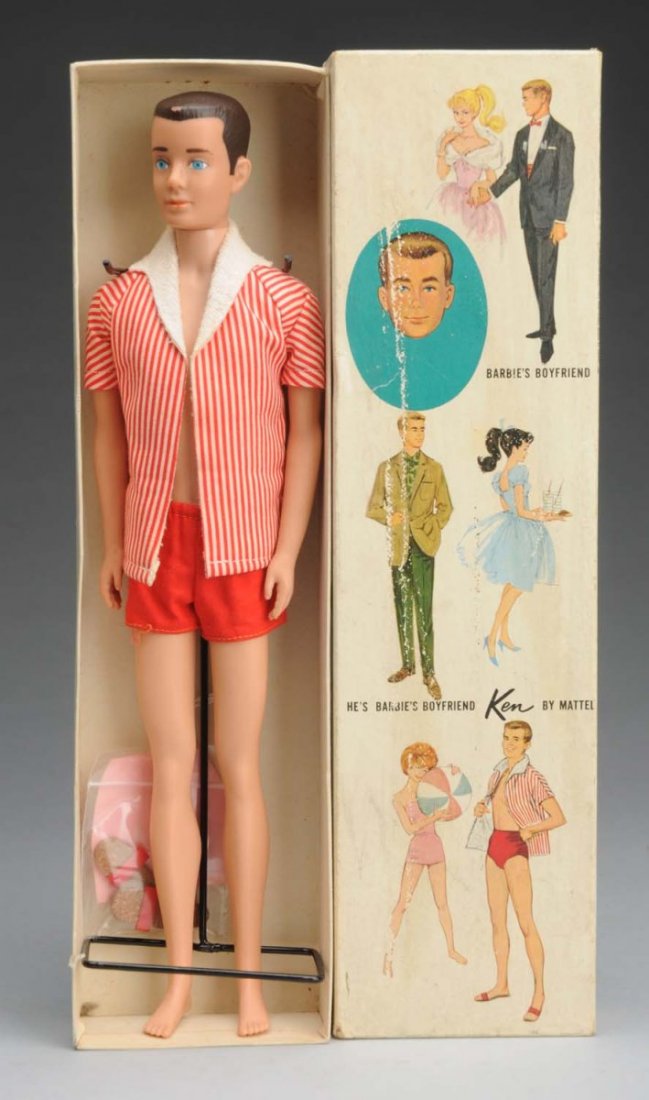 Brunette Painted Hair Ken.: With box. This brunette Ken is in great condition and includes his original swimsuit, shirt, and stand. The box has no splits or tape repair. The front does have some wear however. Doll (Near Mint). B
