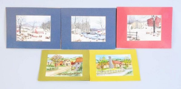Lot of 5: Small Watercolor Paintings.: Includes three by Elaine Knoll. Two by Alma Strause. Condition (Excellent). Size Largest Matted: 8" x 6".