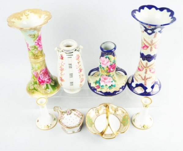 Lot of 8: Hand Painted Nippon.: Includes two large vases, two medium sized vases, a pair of candlesticks, a tea strainer, and a candy dish. Minor chips. Condition (Excellent). Size 14 - 1/2" T.