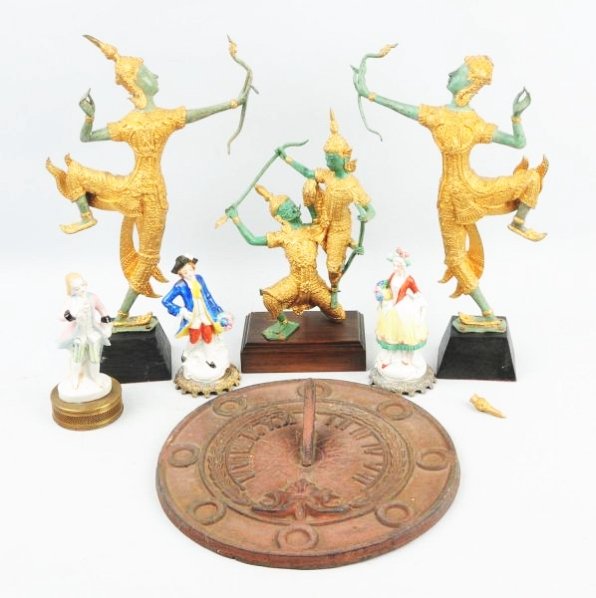 Lot of Assorted Figures & Sundial.: This lt includes numerous figures and a cast metal sundial. One figure has a broken hat. Condition (Very Good). Size Largest: 14" T.