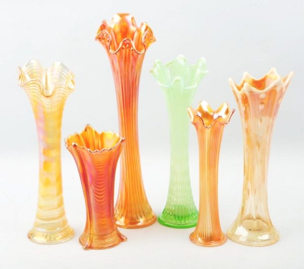 Lot of 6: Carnival Glass Vases.: This lot includes a Drapey Vase and five others. Condition (Excellent). Size Largest: 15 - 3/4" T.