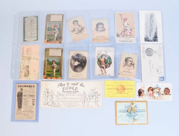 Lot of Assorted Ephemera.: This lot includes a ticket to a show at the 1893 Midwinter International Expo, a baseball themed trade card advertising the Capadura Cigar and numerous other trade cards. Condition (Very Good).