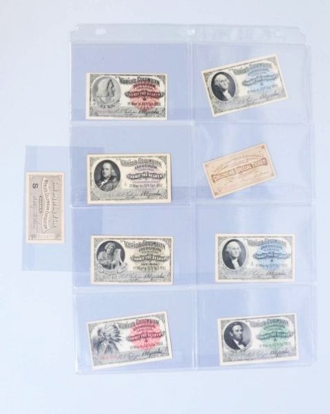 Lot of 9: 1893 Columbian Expo Tickets.: This lot includes nine assorted 1893 World Columbian Expo tickets. Only minor wear overall. Condition (Very Good).