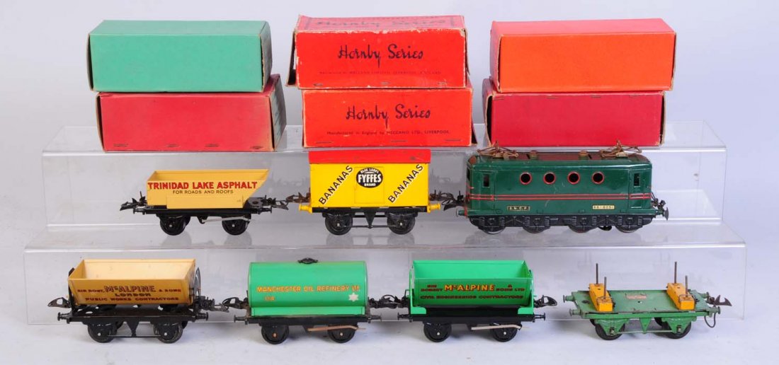 Hornby Electric S.N.C.F. Locomotive.: Complete and all original has some scratches. Hornby No. 50 McAlpine side tipping car complete like new in original box. Hornby bananas box car. Has some paint loss on the roof. Hornby flat car no loa