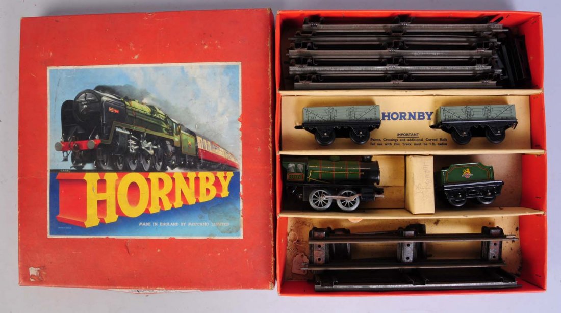 Hornby Good Set No.20 In Original Box.: Hornby 0-4-0 wind-up locomotive. No.60985 is complete and all original but has two dings in the cab roof. Hornby British Railways tender. Very clean and attractive. Two Hornby four wheel gondolas. Bot