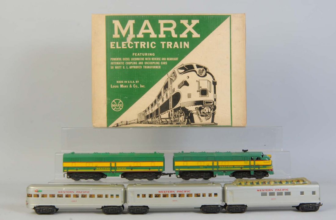 Marx No.44464 Set in Box.: Set consists of Marx No.901 green and yellow Western Pacific F7 Power Unit. Missing one ornamental horn but is otherwise complete, very clean and attractive. Matching B unit. Has broken steps that are
