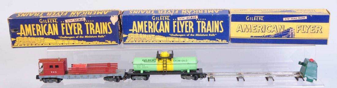 American Flyer 910 Gilbert Chemical Tank Car +2.: Complete and all original and in excellent condition. No.945 work caboose has scratches could clean to a better grade. No.730 bumper could clean to a better grade. Condition (Excellent).