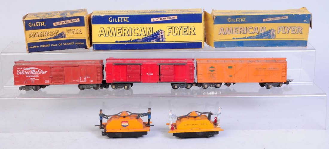 American Flyer Assortment of Trains & Stock.: American Flyer Lines gang car complete. But both men have mold damage. Good condition. No.740 gang car with original box but badly broken on one end. Good for parts. No.970 Seabord operating box car m
