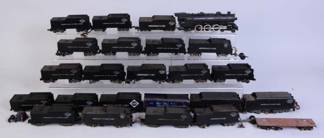 American Flyer Large Collection of Orphan Tenders: Includes one Reading Lines tender for a Atlantic style locomotive. Little rust on wheels. One die cast tender casting is warped is for a K4. Tender with knuckle coupler for an Atlantic type locomotive