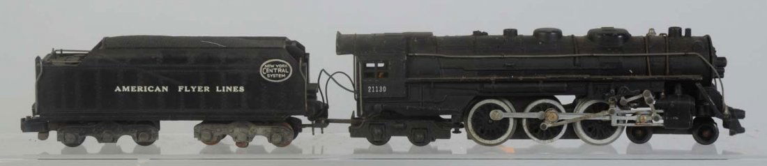 American Flyer No. 21130 4-6-4 Hudson.: Steam locomotive and tender. Locomotive has scratches and loose boiler front. Has a break at left hand corner of the cab. Tender is a plastic cap tender and has three broken steps and has come loose f