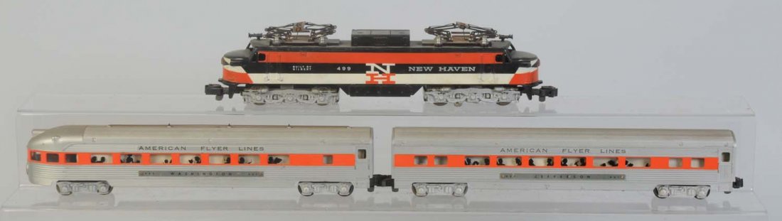 American Flyer Set.: No.499 New Haven EP-5. Complete and all original. Has rust on the pantographs. Has some scratches. No.961 Jefferson pullman car complete and all original. No.963 Washington observation car orange stri