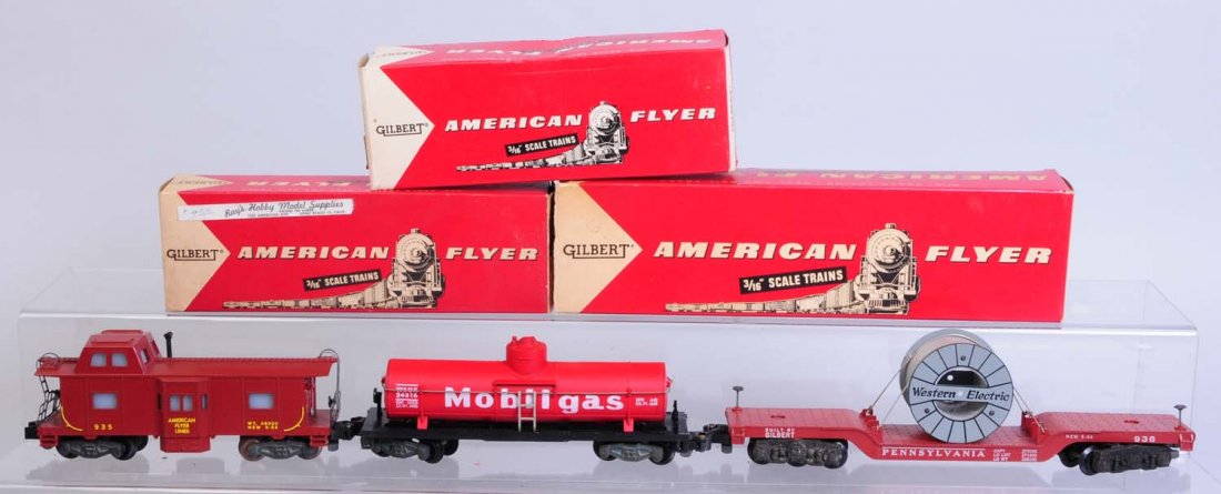 Lot of 3: American Flyer Freight Cars.: In original boxes. Includes No.936 Pennsylvania Rail Road Western Electric reel car. Complete and all original. Original box is missing one end. No.24316 Mobile gas tank car. Complete like new in orig