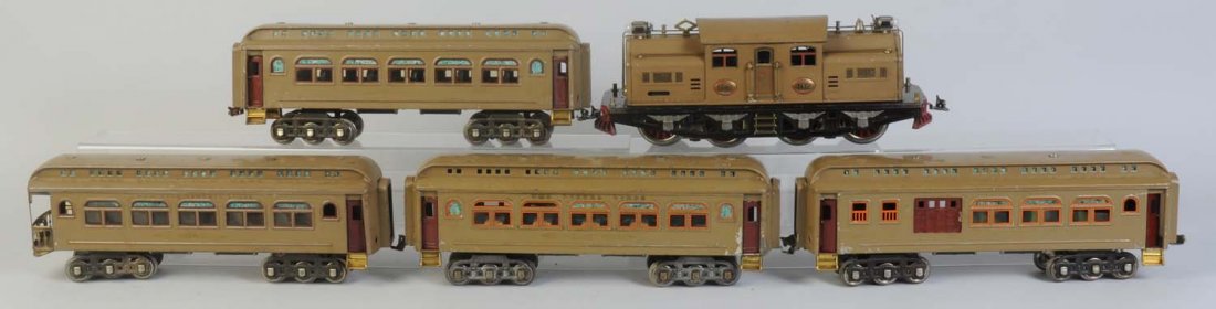 Lionel No.402 Standard Gauge Passenger Set.: Includes No.402 double motor standard gauge locomotive has been rewheeled and roller pick up assembly has been replaced. Scratched and worn paint. No.431 dining car. Is complete and all original. Has 