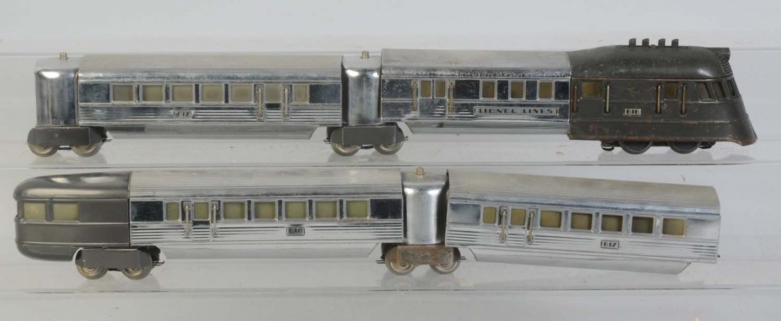 Lionel Flying Yankee Set.: Includes No.616 power car with whistle. Has scratches and paint chips. Vestibule is complete and all original. Has some paint loss on skirts. No.617 passenger car needs cleaning. Vestibule is complete