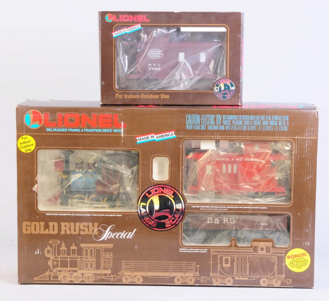 Lionel G Scale 81000 Gold Rush Special Set Plus.: Set includes No.0-6-0 steam locomotive, Denver Rio Grande gondola and Denver Rio Grande caboose as well as track. All appear to be in like new condition. Also a New York Central No.87703 caboose in or