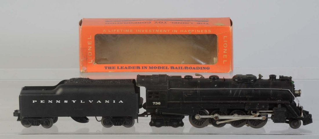 Lionel Late Version No.736 Locomotive & W Tender.: Locomotive is complete and all original. Is a little dirty and has a few paint chips. No.736W in cellophane front box. Is complete and all original. Very clean and attractive. Original box for tender 