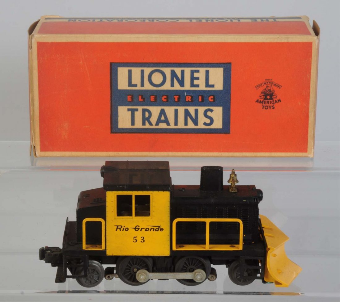 Lionel No. 53 Rio Grande Snowplow in Box.: Complete and all original. Has a little discoloration on the railing. Window struts are 100% intact. Comes with original box. Missing one interior flap. Includes box insert. Instruction sheet is inclu