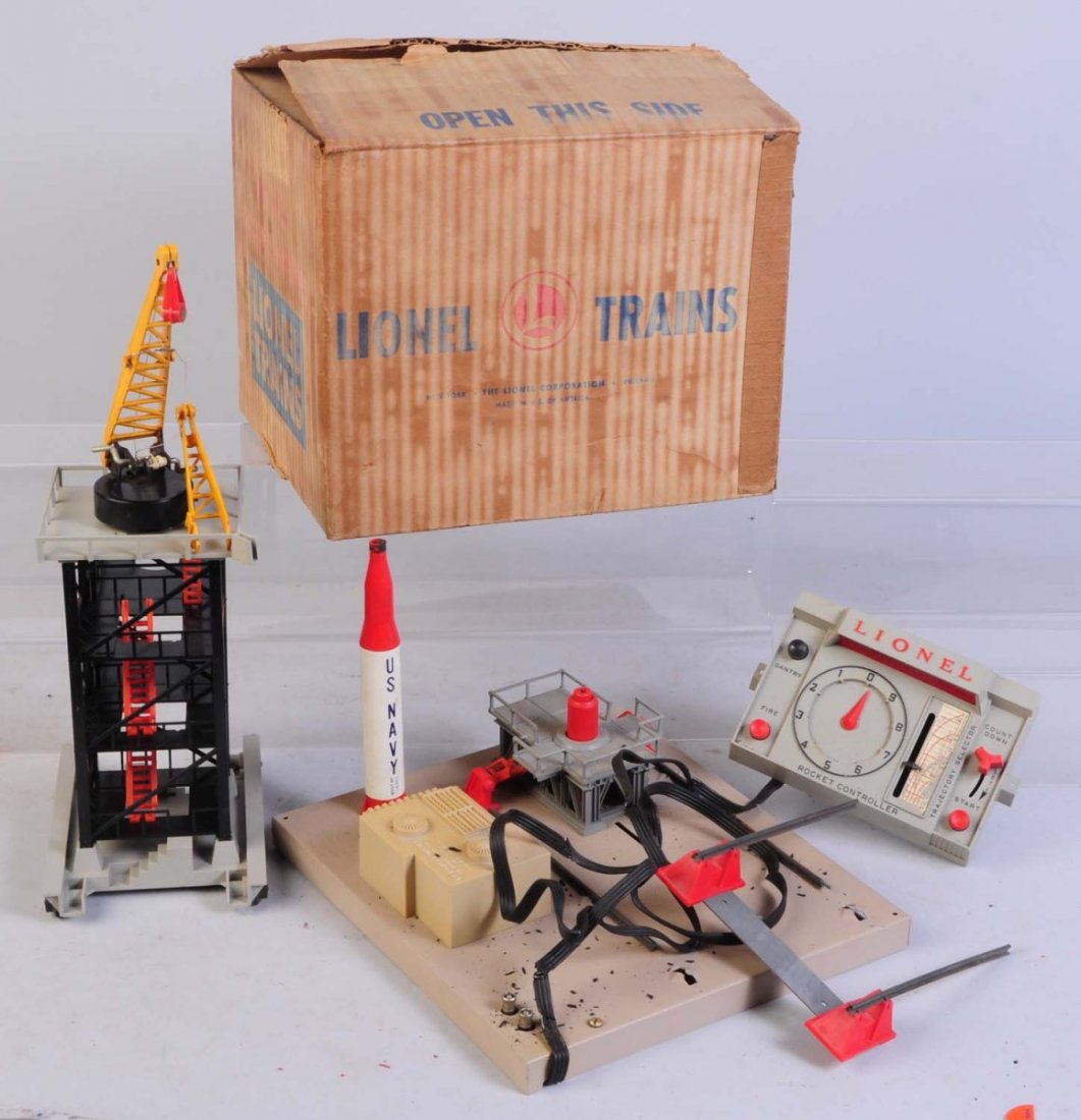 Lionel No.175 Rocket Launcher.: In original box. No.175 complete and all original. All railings are intact. Some rust on the rails. Original controller is present but needs to be rewired. Has original rocket. Box has all inserts. Co