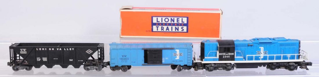 Lionel No.2346 B&M GP-9 Partial Set.: Includes No.2346 Boston and Maine GP-9 is complete and all original. No.6436 Lehigh Valley hopper car. Complete and all original. Little dusty. Has partial original box. No.6464-475 B&M box car is com