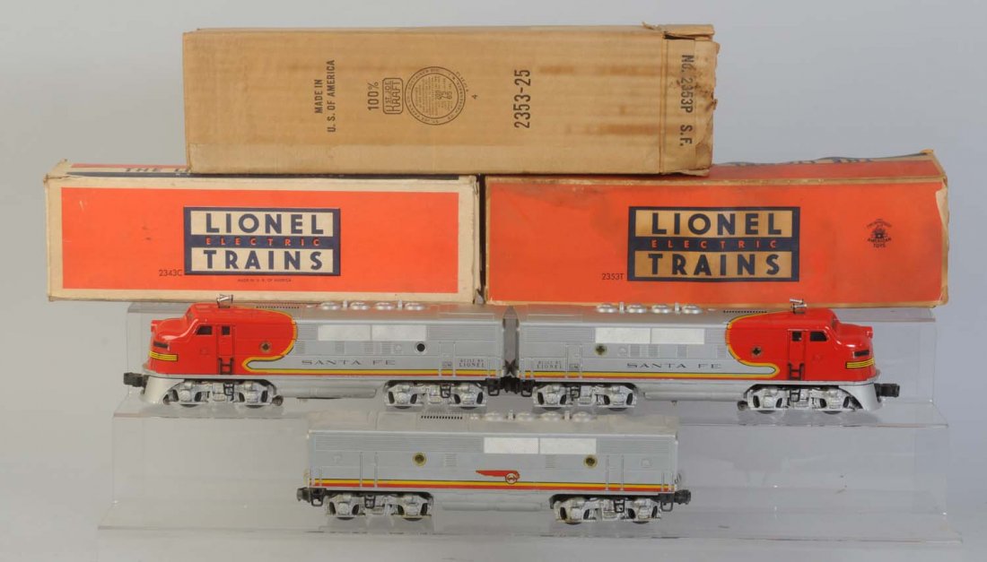Lionel No.2353 Power Unit, Dummy, No.2343 B Unit.: In original box. Locomotive has original Lionel wrapping paper. Complete and all original. Box has insert and all flaps. No.2353 T box is rough. Missing one port hole lens otherwise complete and all o