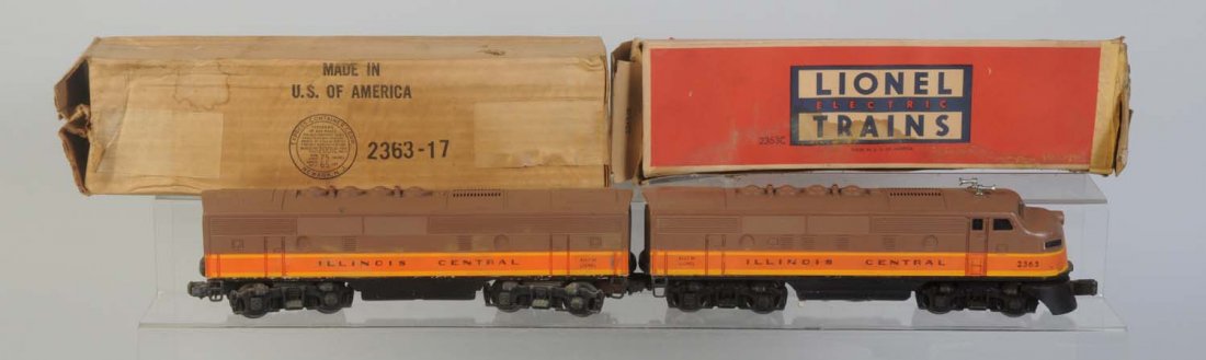 Lionel No.2363 Illinois Central A & B Units.: A unit complete and all original. Very clean and attractive. Box for A unit is soiled, torn, and tattered. B unit No.2363 is complete and all original. Has some scratches. Box for B unit is original b