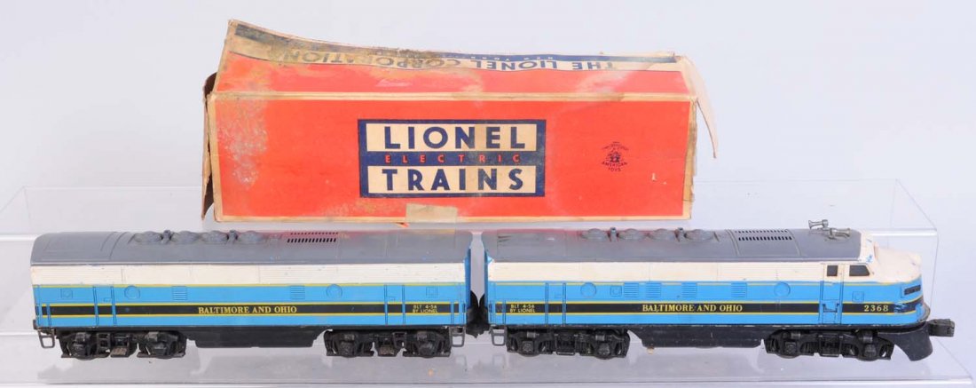 Lionel No.2368 B&O F3 AB Units.: Includes powered A unit complete and all original. Has scratches and paint chips throughout. Dummy B unit complete and all original has scratches and paint chips throughout. Condition (Very Good).