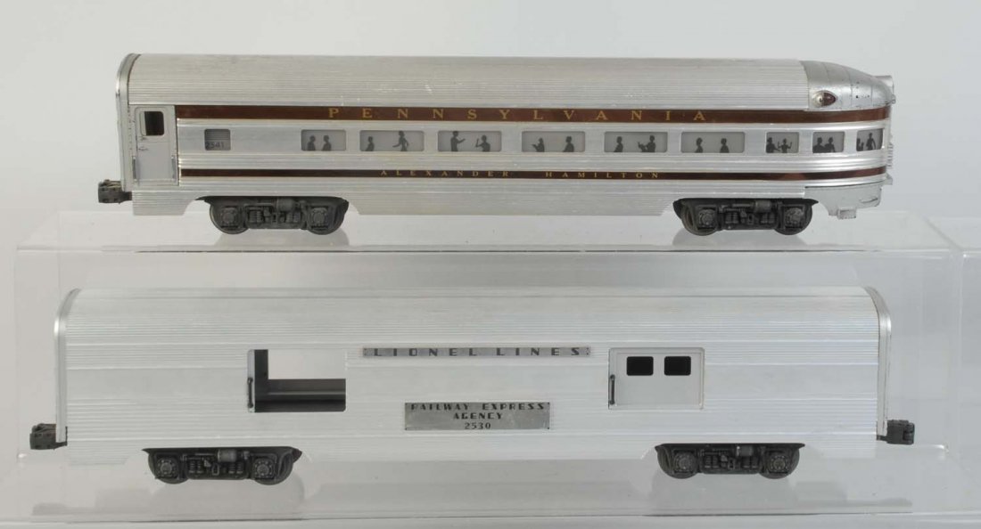 Lionel No.2541 PRR Observation & 2530 Baggage.: No.2541 observation car is part of a congressional set. Has scratches and paint chips. Has original box is complete but worn. No.2530 baggage car in original box. Could clean to a better grade. Box is