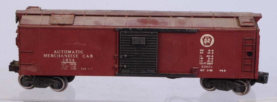Lionel No.3854 PRR Automatic Merchandise Car.: Is complete and all original. Dirty needs cleaning. Lettering on one side is a little worn. Condition (Very Good).
