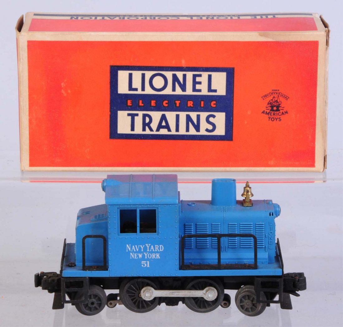 Lionel No.51 Navy Yard Switcher.: With original box. Locomotive is complete and all original. Has slight wear to the Navy Yard lettering on one side. One strut is cracked on one side. Good square box with instruction sheet and insert.