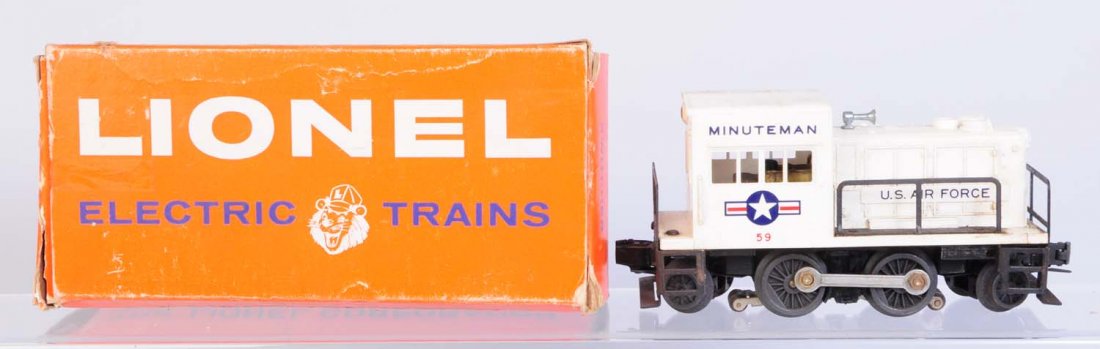 Lionel No.59 Minute Man Switcher.: All struts are intact. Locomotive is dirty and needs to be cleaned. Has some rust on the railing. Has a nice original box. All flaps intact and has insert. Has original instruction sheet. Condition (G
