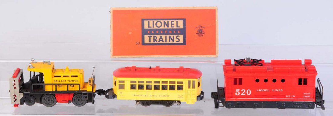 Lionel No.60 Trolley, 520 Locomotive & 54 Ballas.: Includes No.60 trolley missing the trolley pull assembly. Blue letter version. No.520 electric locomotive. Is complete and all original. No.54 Ballas is complete and all original. Very clean. Conditio