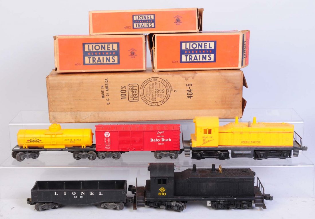 Lionel No.610 Erie, 404 Box, & Others.: Includes No.610 Erie and NW-2 diesel locomotive. Locomotive is complete and all original. Has some rust on frame. Union Pacific NW-2 diesel switcher. Complete and all original. Has some rust on frame.