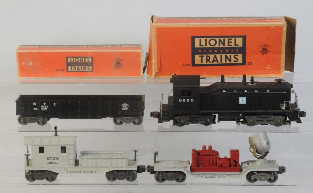 Lionel No.6220 Bell Ringing NW2 Switcher.: Complete and all original. Has some scratches mostly on the frame. No.6520 Searchlight car missing lens. No.6462 black gondola in original box. Complete and all original. Original box is missing one e