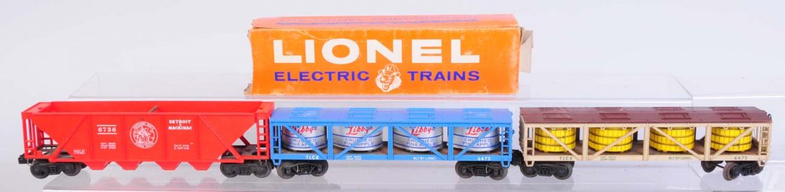 Lionel No.6475 Libbys, 6475 Pickles, 6736 Car.: Libbys No.6475 Complete and all original. Has some rust on wheels and axles. No.6475 Pickles car needs cleaning. Small chip on roof. Some rust. No.6436 Detroit and Mackinac. Car has some rust on axles