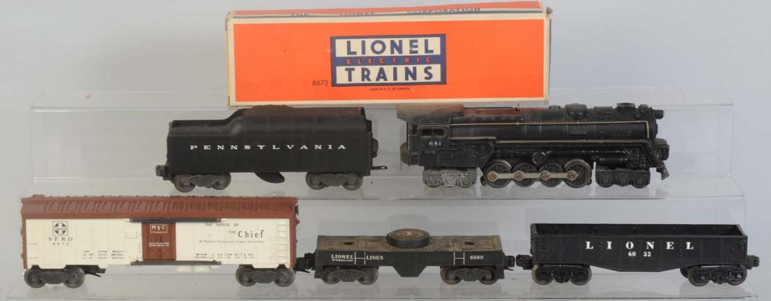 Lionel No.681 L&T & 2 Freight Cars.: No.681 steam locomotive is complete and all original. Needs cleaning. No.2046W-50 Pennsylvania Rail Road tender has some corrosion on the trucks. Needs cleaning. No.6032 Lionel gondola needs cleaning.
