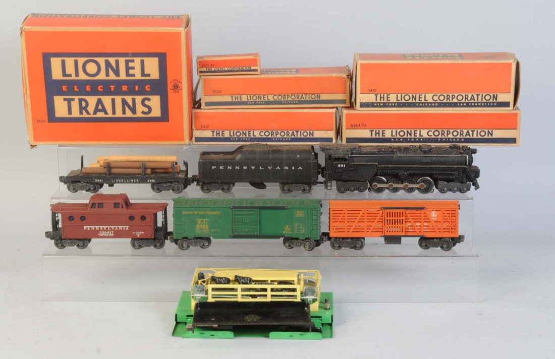 Lionel No.681 L&T & 3656 Cattle Car Set & Others.: No.681 steam locomotive needs to have rear truck attached. Has scratches. No.2046-50 Pennsylvania Rail Road tender complete and all original. Needs cleaning. No.6464-75 Rock Island box car in partial