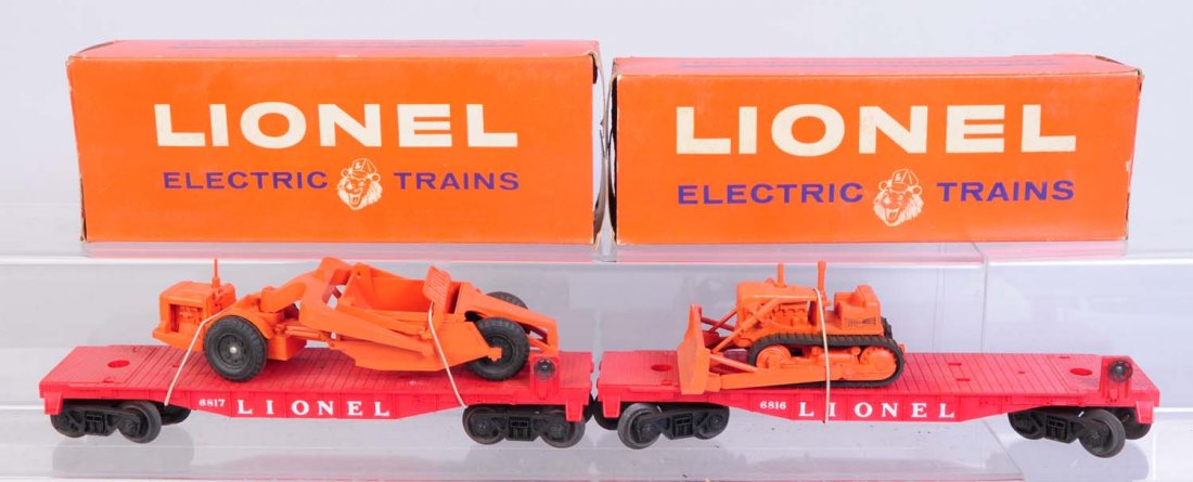 Lionel No.6817 with Earth Scraper.: Complete and all original. Has original box but display panel is partially torn out and is dirty. No.6816 flat car with bulldozer. Needs cleaning. No rust. original box is missing one end and has a pi