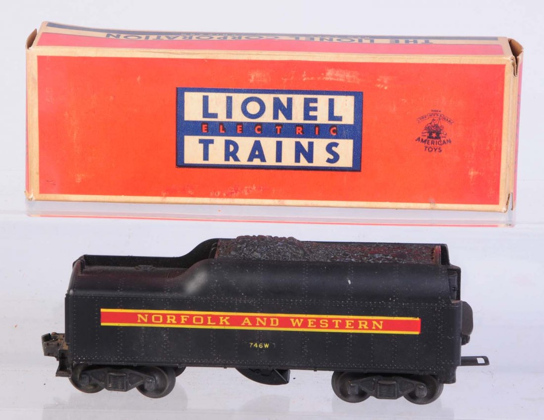 Lionel No.746W Whistle Tender.: In original box. Short stripe version. Is complete and all original. Needs a little cleaning. No rust. Has good square original box. Condition (Excellent).