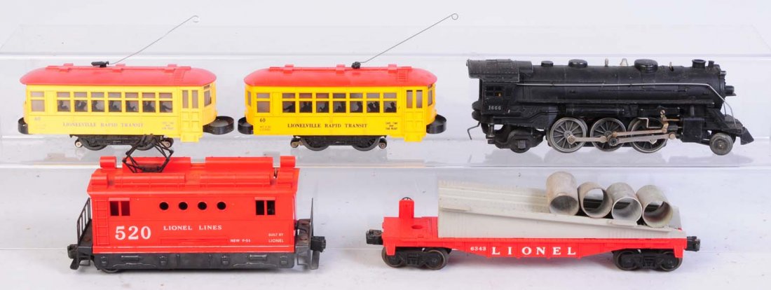 Lot of 2: No.60 Trolleys, 520 Loco, 1666 Plus.: Includes two No.60 trolley is badly broken on one end. Has good roof. Second is black letter. Needs cleaning. No.520 locomotive has a little rust on frame but is complete and all original. No.1666 loc