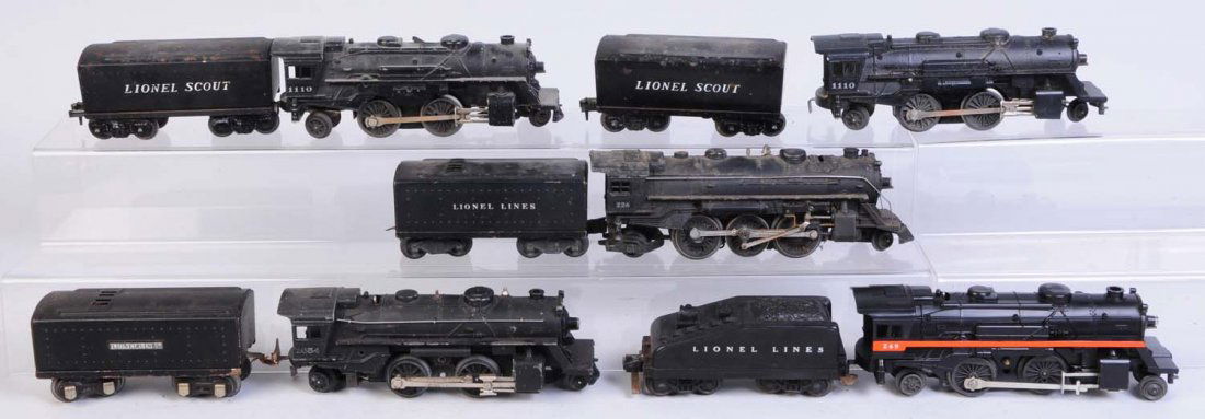 Lot of 5: Lionel Locomotives & Tenders.: No.1654 steam locomotive complete and all original has some scratches and paint chips. No.1110 steam locomotive needs cleaning. No.249 post war steam locomotive complete and all original. No.224 steam