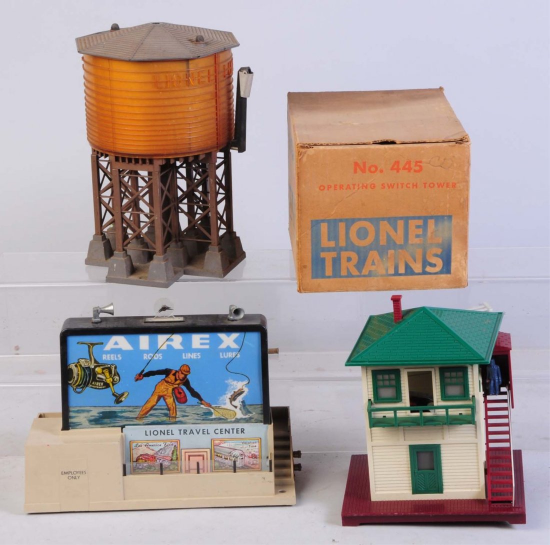 Lionel 334 Dispatching Board, 138 WT, 445 ST.: No.334 dispatching board is complete but no control button. No.138 Water tower Needs cleaning no control button. No.445 operating switch tower in original box. Stud the man rides on is broken off. Box