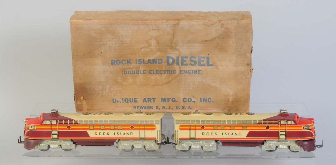Unique Art Rock Island Diesel Locomotive.: In original box. Power unit complete and all original. Very clean and attractive. Dummy A unit complete and all original. Very clean and attractive. Both come in original set box which has staining. C