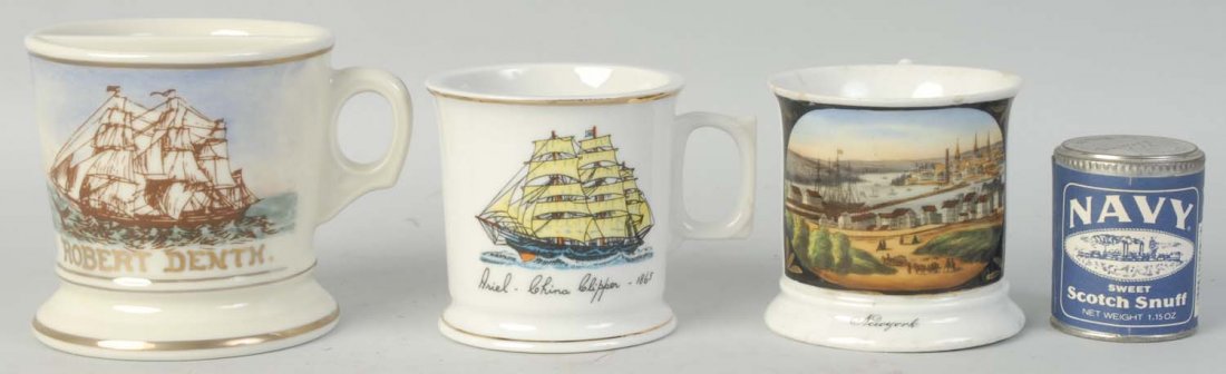 Lot of 3: Assorted Shaving Mugs.: First, Ariel China Clipper Ship. Three masted. No damages. Stamped Made in Japan. Second, divide mug with a soap container depicts three master scooner marked Robert Denth. No stamps. Fairly new. Thir