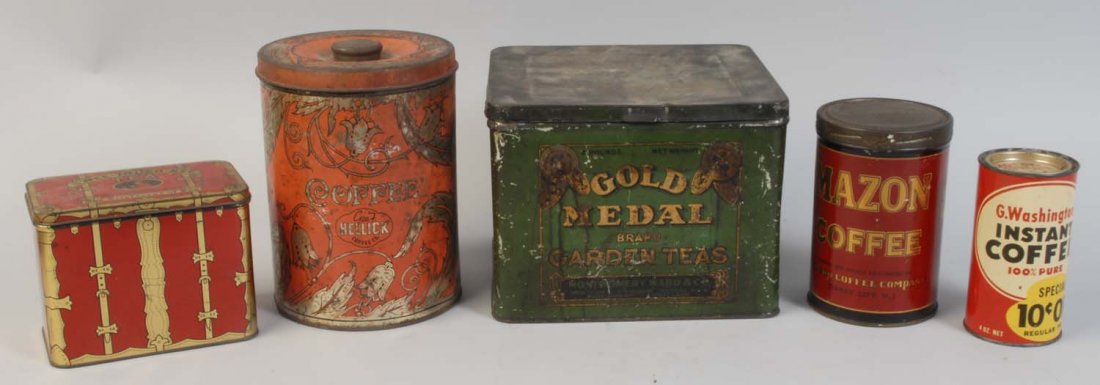 Lot of 5: Advertising Tins.: Gold Medal Garden Tea, Sweet Touch Nee Tea, Helick coffee, Mazon coffee, and G. Washington instant coffee. Condition (Very Good - Excellent). Size Largest: 8 - 1/4" T.