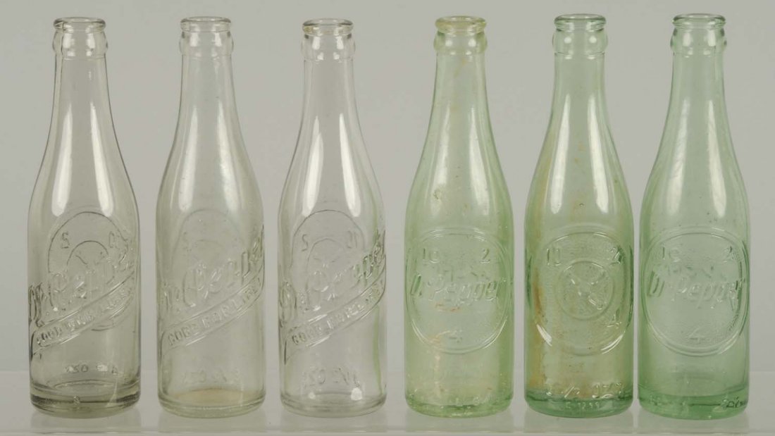 Lot of 6: Dr. Pepper Bottles.: 6oz. Bottles. Two are mint and four are cloudy. Condition (Excellent). Size Each: 8 - 1/4" T.