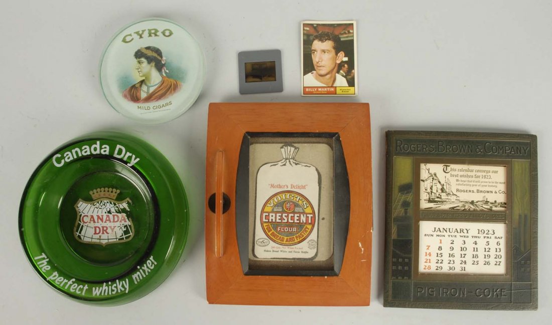 Lot of Advertising Items.: Canada Dry, Coin glass dish, 1923 calendar Pig Iron Coca-Cola, Crescent flour paper ad, Cyro glass paperweight, slide of Coca-Cola machine, Tops Billy Martin baseball card. Condition (Excellent). Size