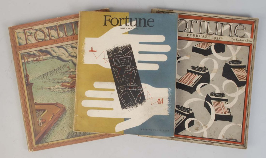 Lot of 3: Coca-Cola Fortune Magazines.: 1930s and 40s with Coca-Cola or other soda articles and one 1933 issue with cigar bands on page 76. Condition (Very Good). Size Largest: 14" x 11 - 1/2".